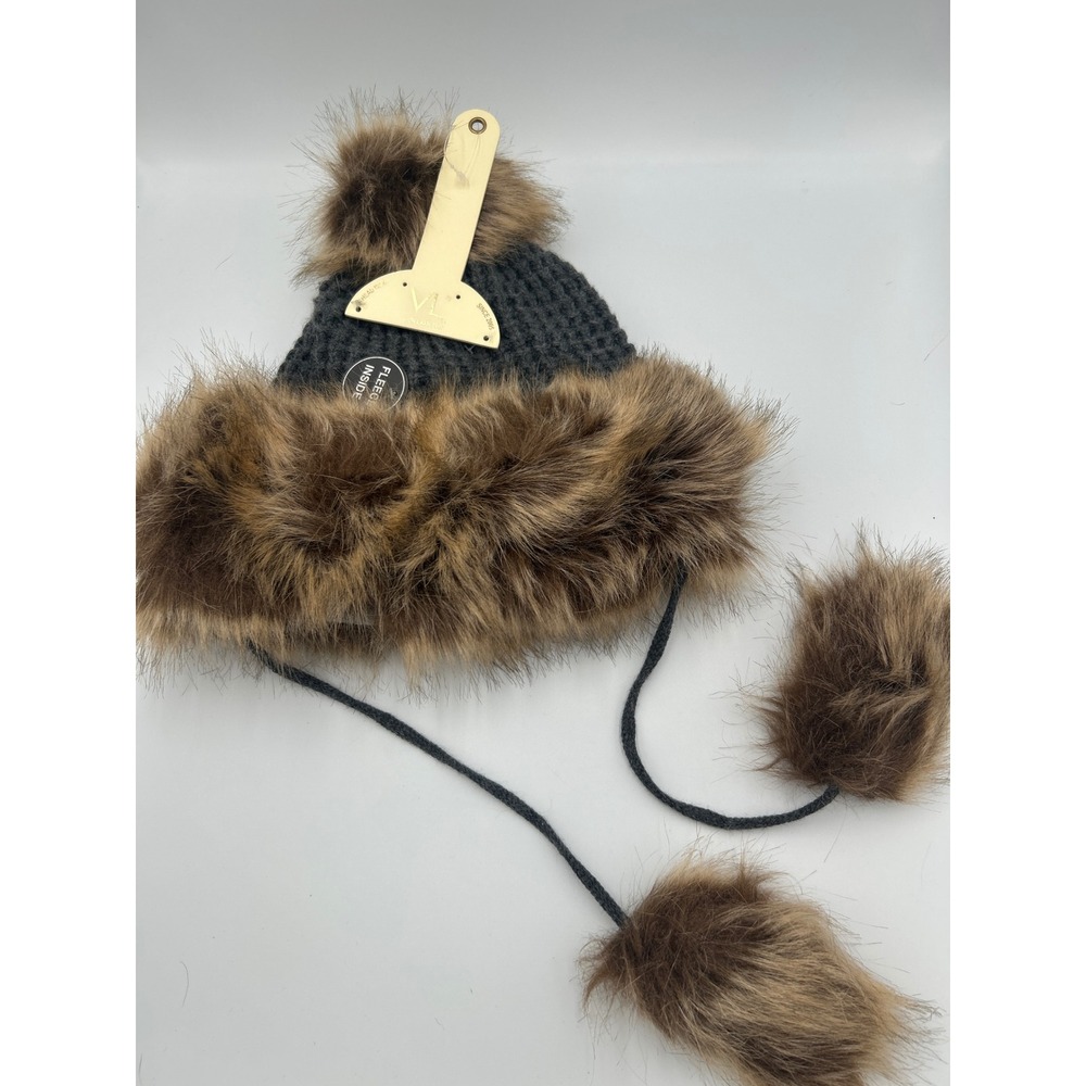 Von Lamezan Grey Knit Trapper Hat Faux Fur Trim Fleece‎ Lined Pom Poms NWT